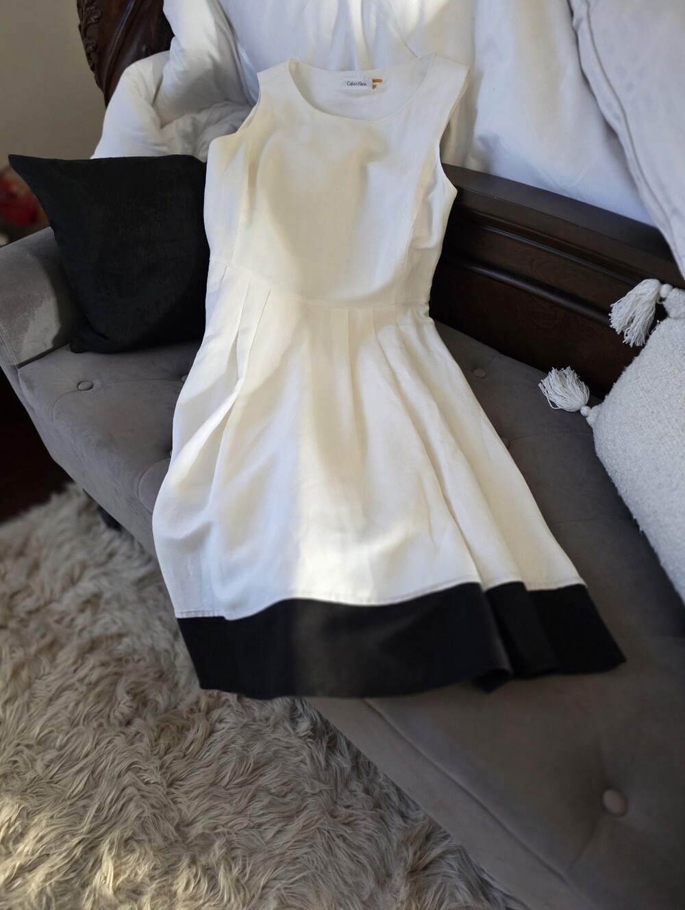Calvin Klein White Sleeveless Fit-and-Flare Dress with Black Hem